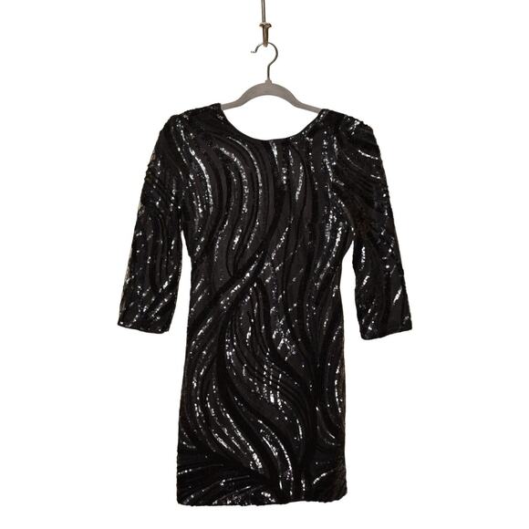EXPRESS $148 3/4 Sleeve Sequin V-Back Mini Cocktail Dress Black Size 0 - Picture 1 of 4